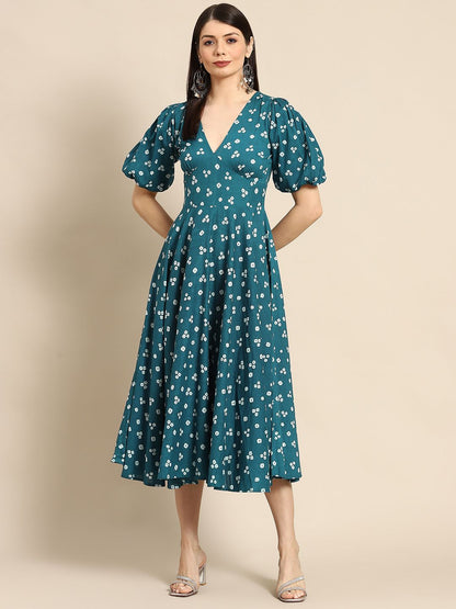 Dhiyona AY Women's Teal Green & White Bandhani Printed Pure Cotton A-Line Midi Dress