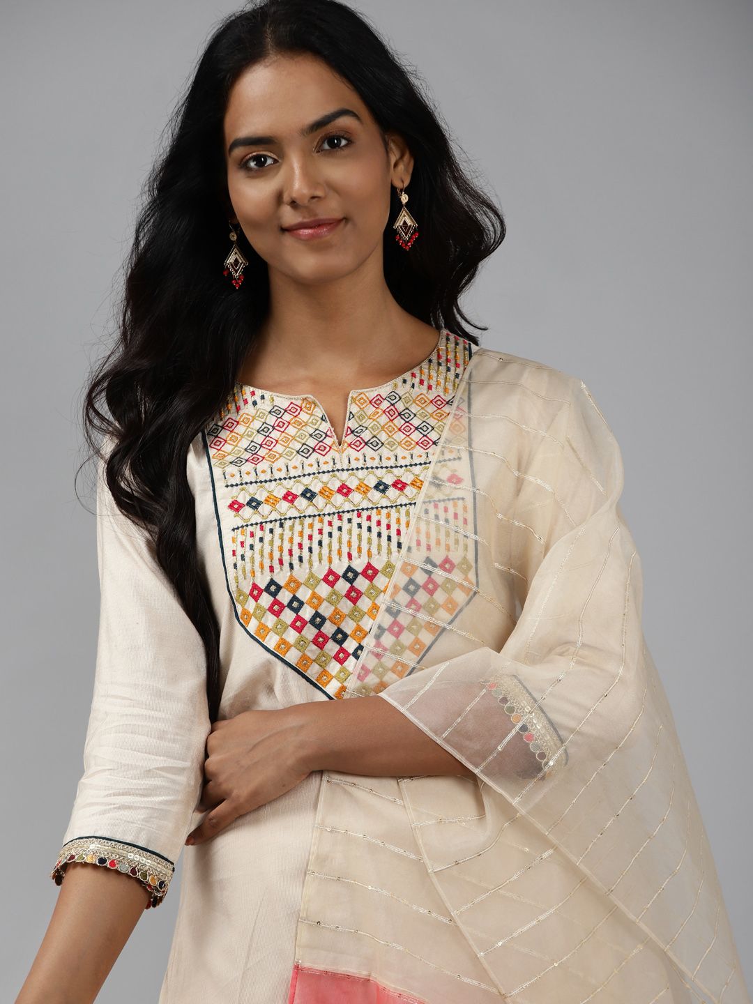 Dhiyona IE Women Off White Ethnic Motifs Yoke Design Regular Liva Kurta with Palazzos & With Dupatta