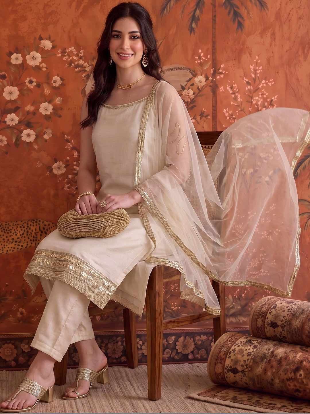 Silk Blend Round Neck Kurta & Churidar With Dupatta