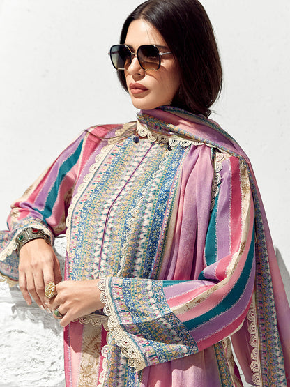 Women Ethnic Motifs Printed Regular Thread Work Kurta Trousers With Dupatta