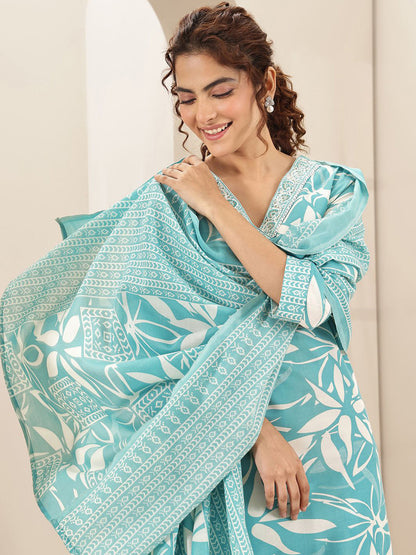 Floral Printed V-Neck Straight Kurta With Trousers & Dupatta