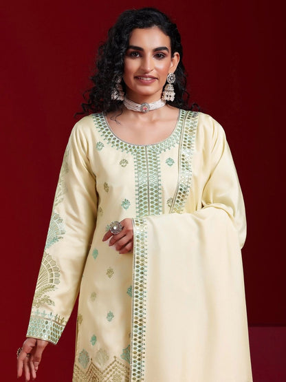 Dhiyona LL Floral Embroidered Regular Sequinned Kurta with Palazzos & Dupatta