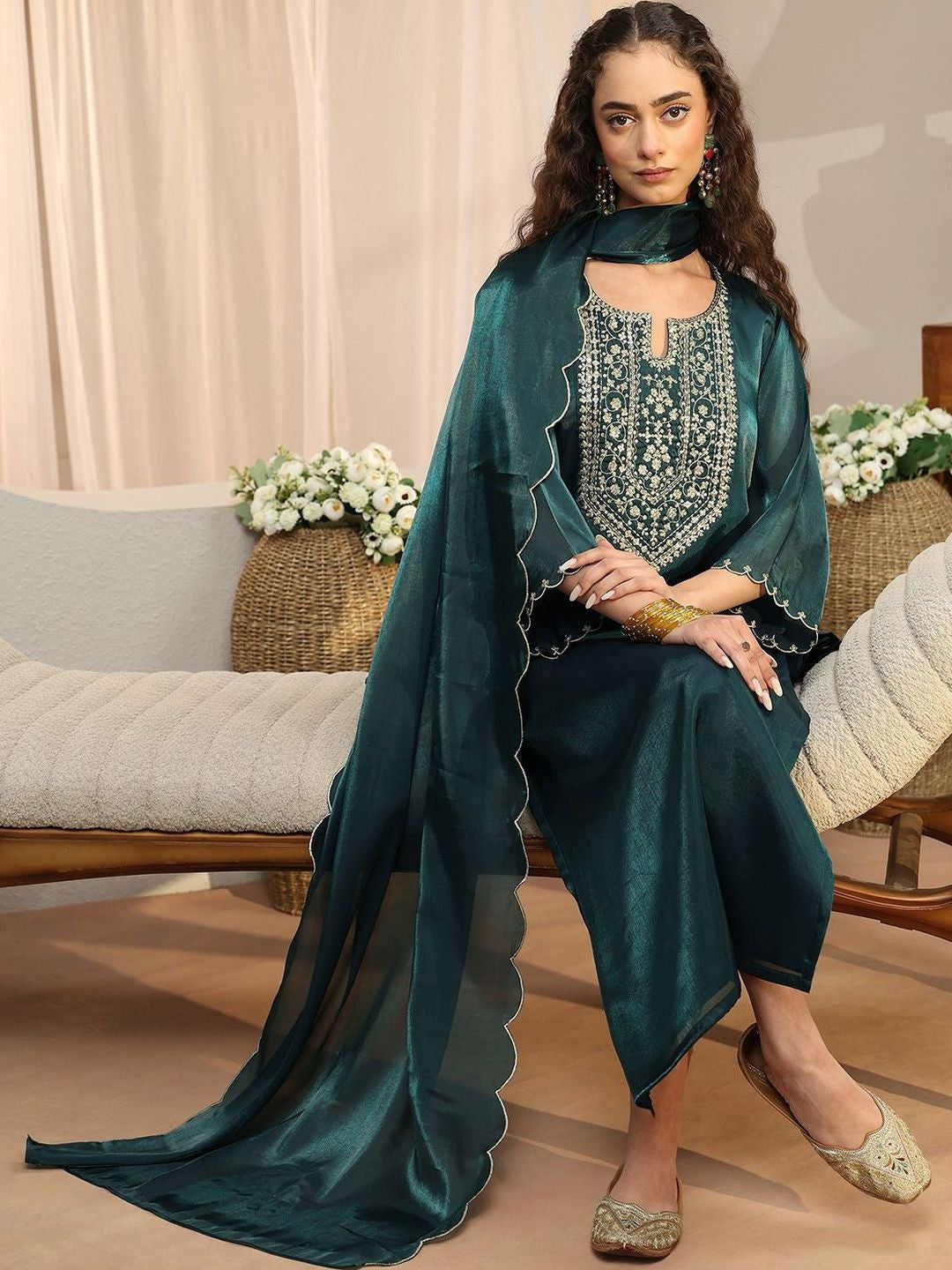 Women Ethnic Motifs Embroidered Regular Kurta with Palazzos & With Dupatta