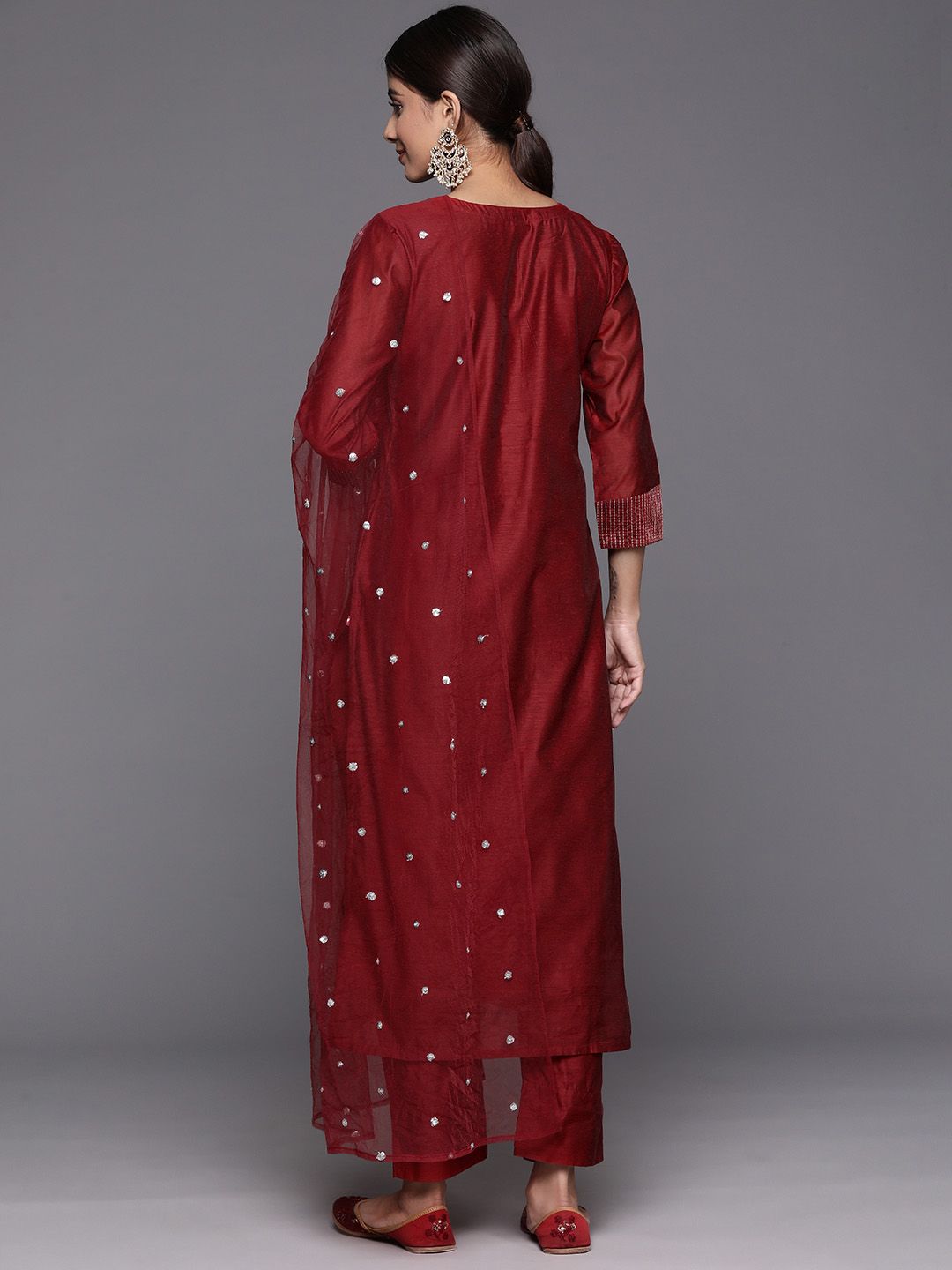 Maroon Floral Embroidered Regular Chanderi Silk Zari Kurta with Trousers & Dupatta