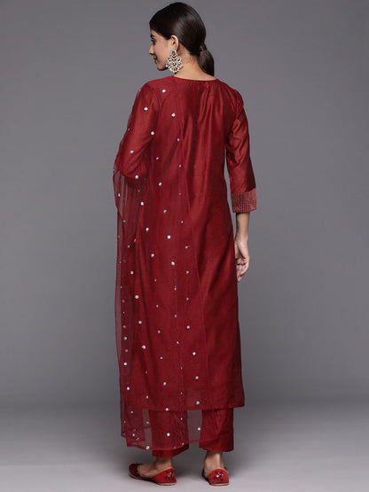 Maroon Floral Embroidered Regular Chanderi Silk Zari Kurta with Trousers & Dupatta