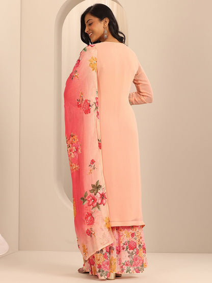 Dhiyona LL Womens Peach Embroidered Georgette Straight Kurta With Sharara & Dupatta