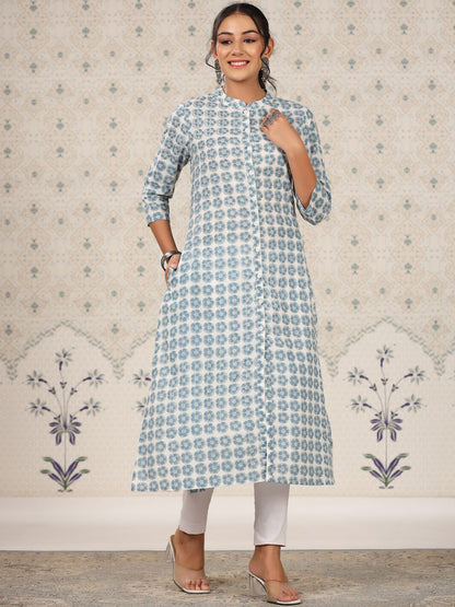 Dhiyona OD  Floral Printed Mandarin Collar Cotton A-Line Kurta With Front Slit