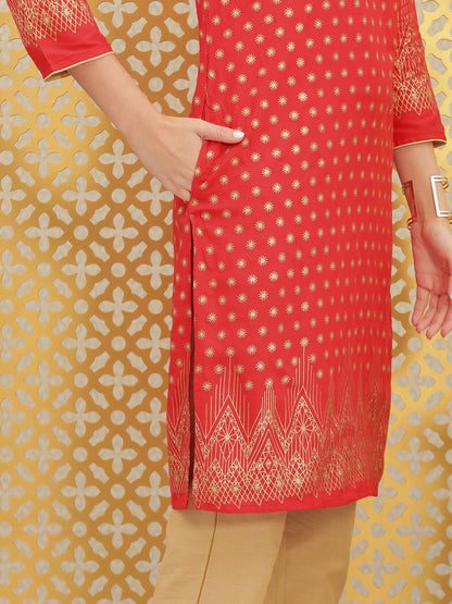 Dhiyona OD  Women Red & Gold-Toned Ethnic Motifs Printed Block Print Brocade Kurta