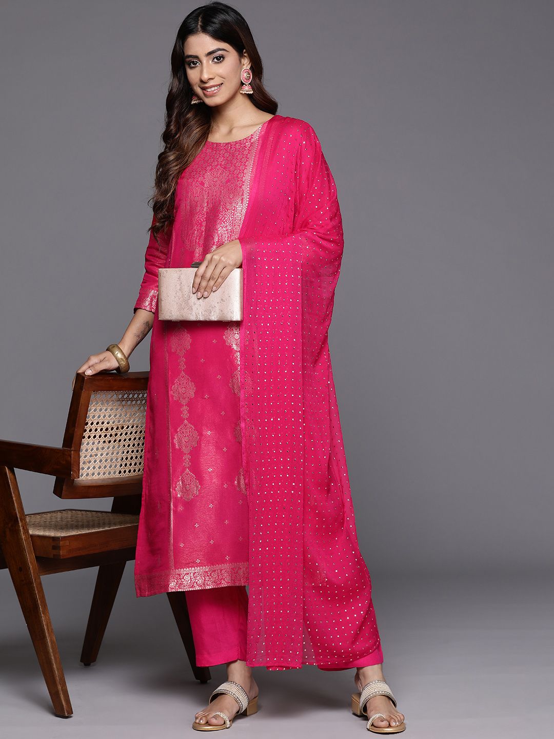 Dhiyona VA Ethnic Motifs Jacquard Kurta with Palazzos & Dupatta