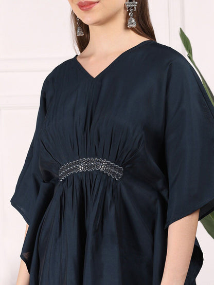 Dhiyona IS Women's Navy Blue Kimono Sleeve Asymmetric Kaftan Kurti with Trousers