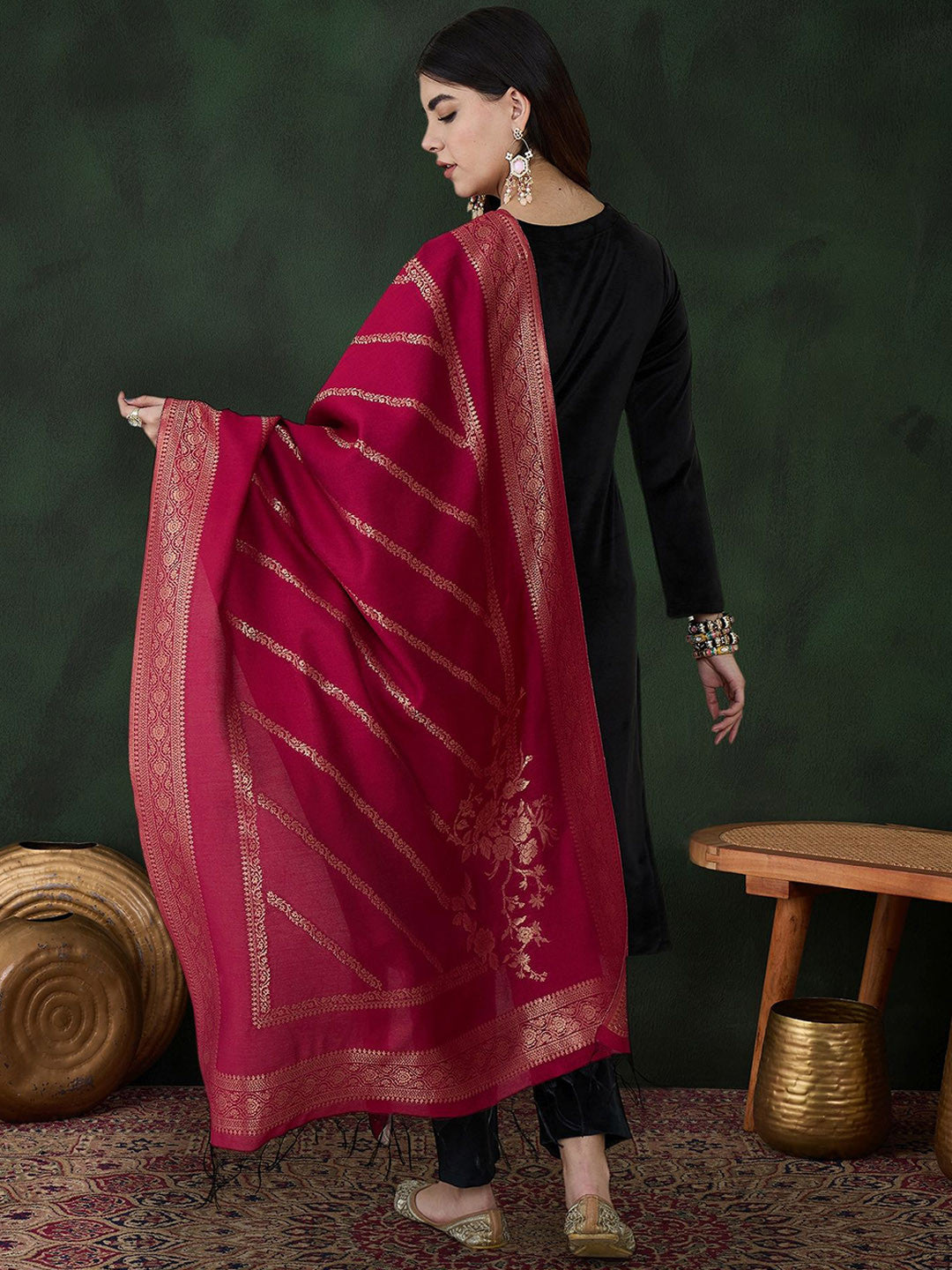 Self-Design Winter Velvet Kurta With Trousers & Dupatta