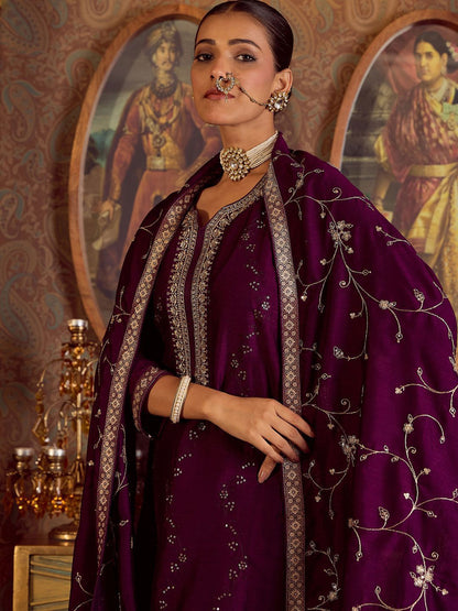 Dhiyona IE Floral Embroidered Zari Kurta with Trousers & Dupatta
