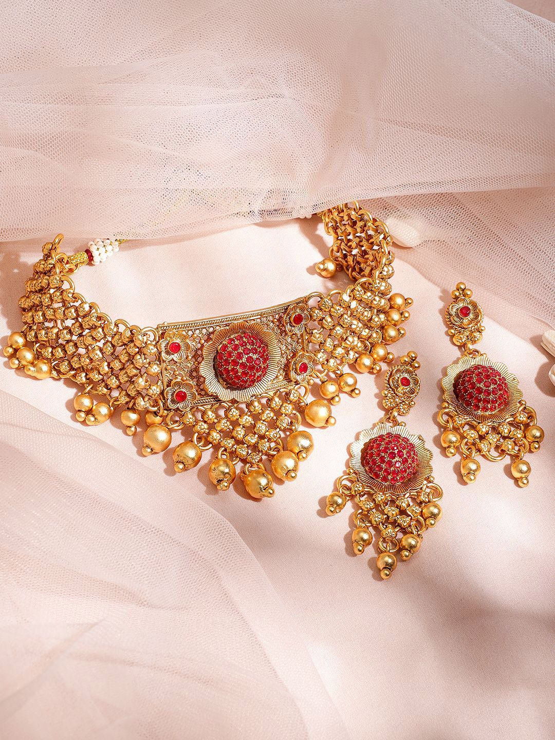 Dhiyona RJ Women's 22K Gold Plated Ruby Red Stone Studded Gold Beaded Handcrafted Choker Necklace Set