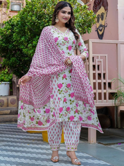 Dhiyona KL Women Floral Printed Angrakha Thread Work Pure Cotton Kurta with Palazzos & With Dupatta