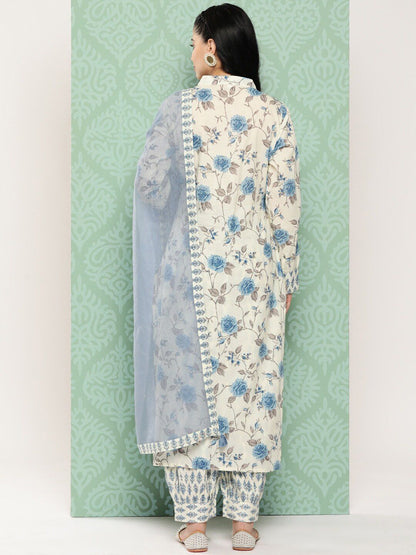 Dhiyona KL Floral Printed Regular Kantha Work Pure Cotton Kurta with Patiala & Dupatta