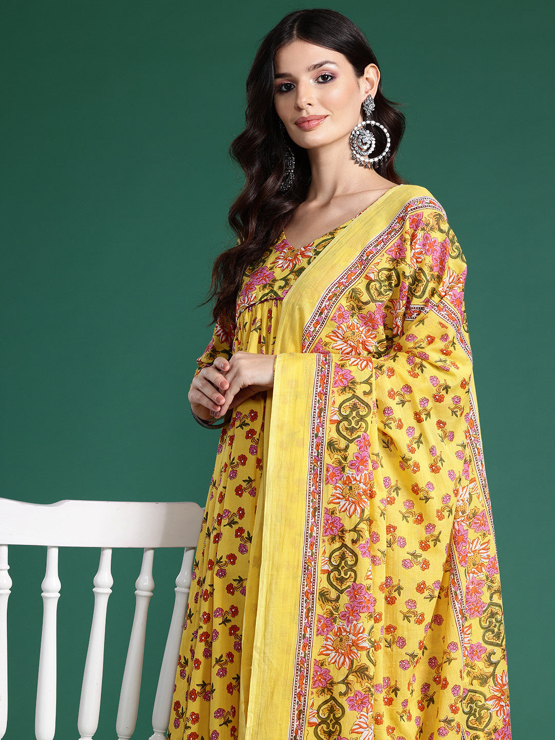 Floral Printed Empire Gotta Patti Pure Cotton Kurta With Trousers & Dupatta