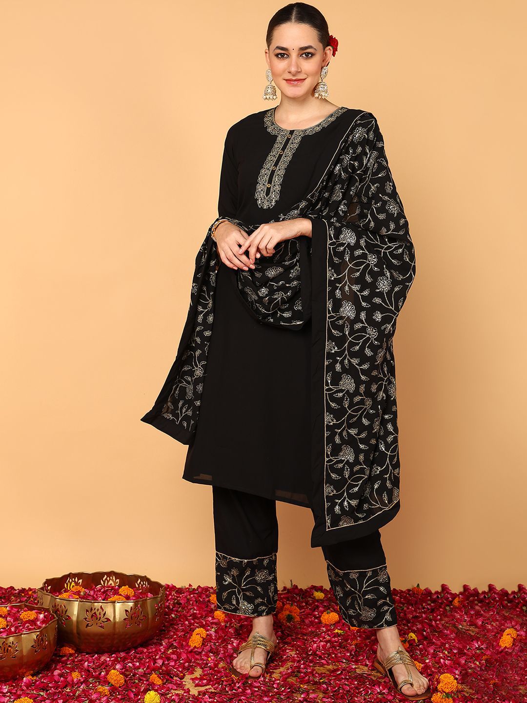 Dhiyona KL Floral Embroidered Bell Sleeves Straight Kurta with Palazzos & Dupatta
