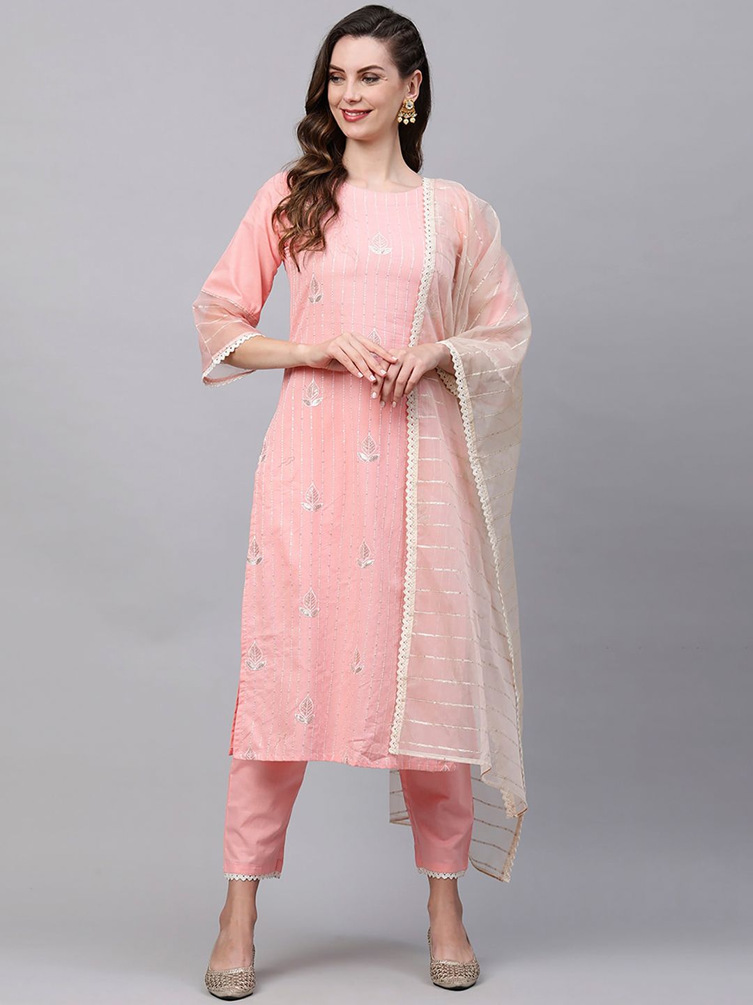 Dhiyona IE Women Pink & Off White Embroidered Kurta with Trousers & With Dupatta
