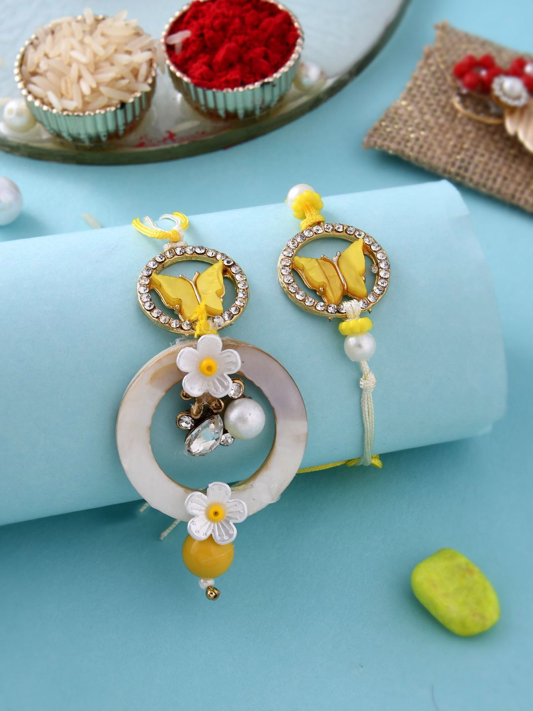 Dhiyona Yellow Beaded Bhaiya Bhabhi Rakhi With Roli Chawal & Greeting Card