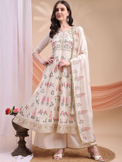 Dhiyona KL Floral Printed Thread Work Pure Silk Anarkali Kurta With Palazzos & Dupatta
