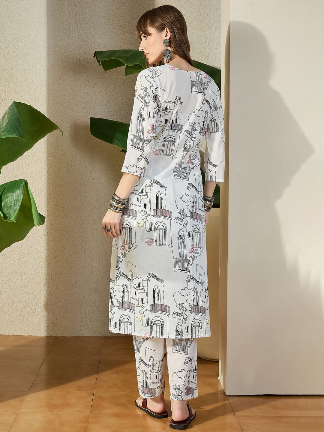 Dhiyona IE Printed Pure Cotton V-Neck Top With Trousers