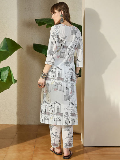Dhiyona IE Printed Pure Cotton V-Neck Top With Trousers