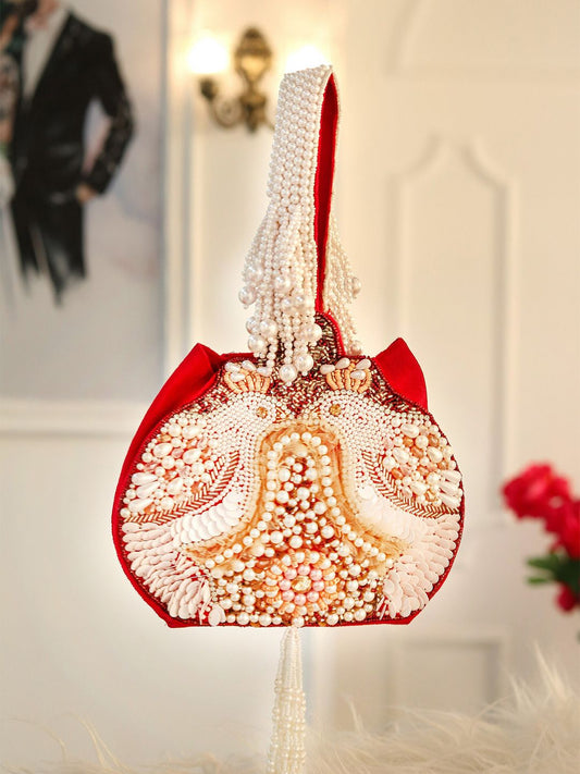 Dhiyona NR Maroon & Off White Embroidered Embroidered Potli Clutch