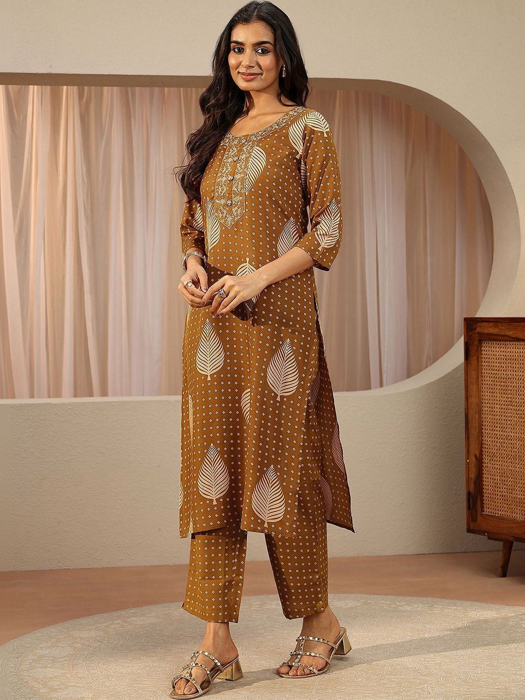 Mustard Floral Printed Cotton Blend Straight Suit Set
