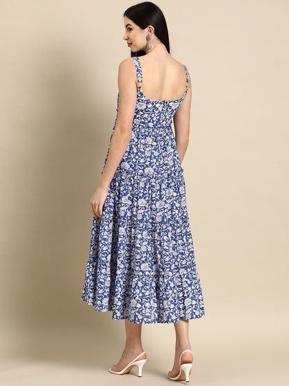 Dhiyona AY Women's Floral Print Pure Cotton Tiered Midi Ethnic Dress