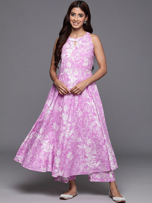 Dhiyona VA Women's Floral Printed Empire Pure Cotton Anarkali Kurta with Trouser