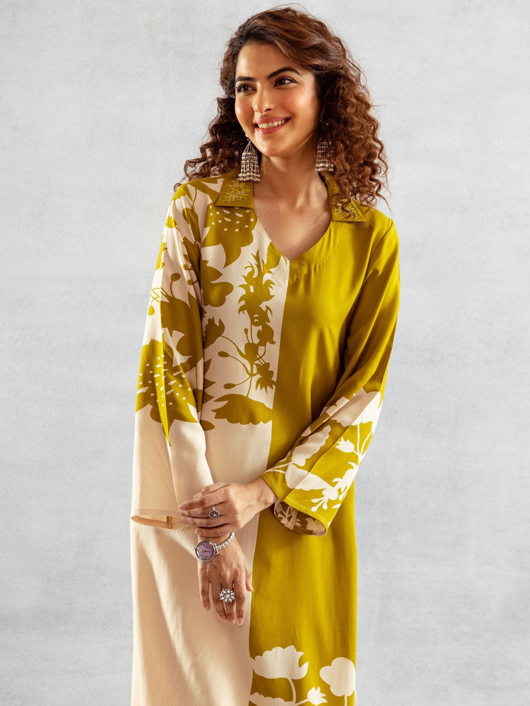 Floral Printed Shirt Collar Thread Work Straight Kurta With Palazzo