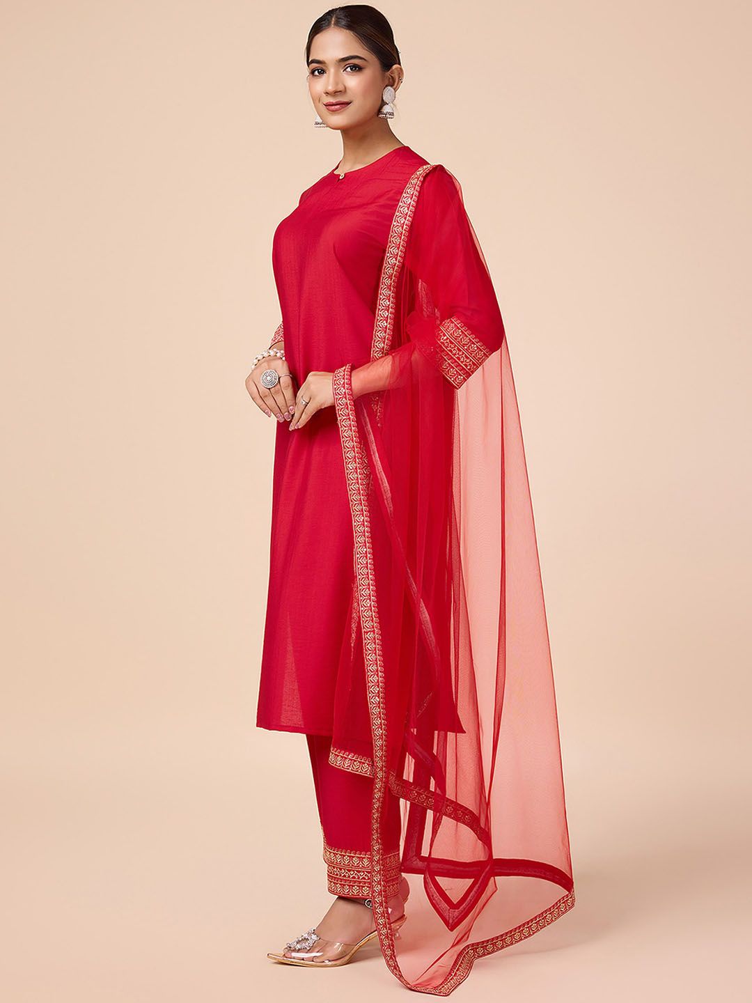 Dhiyona PD Women Self Design Sequinned Embroidered Kurta With Trouser & Dupatta