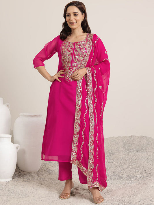 Floral Yoke Design Round Neck Sequinned Straight Kurta With Trousers & Dupatta