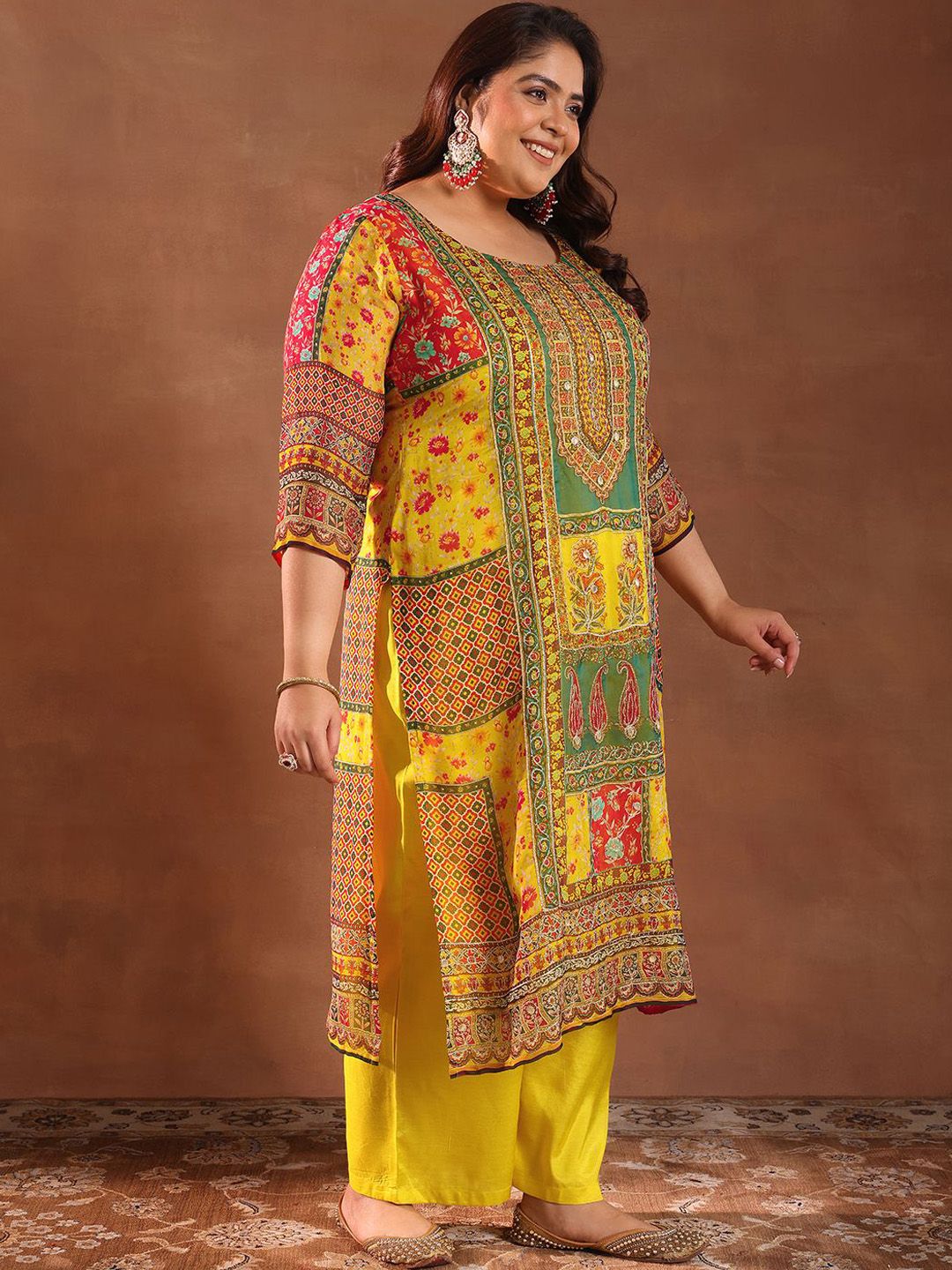 Dhiyona Women's Plus Size Ethnic Motifs Printed Kurta with Palazzos & Dupatta