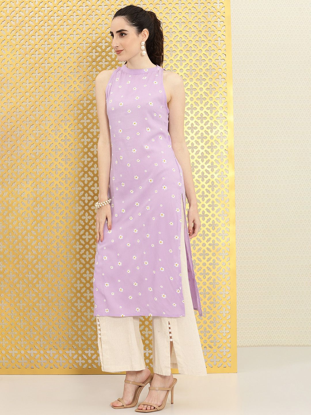 Dhiyona OD  Women Lavender & White Floral Printed Rozana Kurta