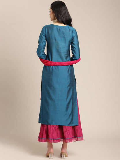 Dhiyona VA Women's Teal & Red Embroidered Kurta & Palazzo With Dupatta