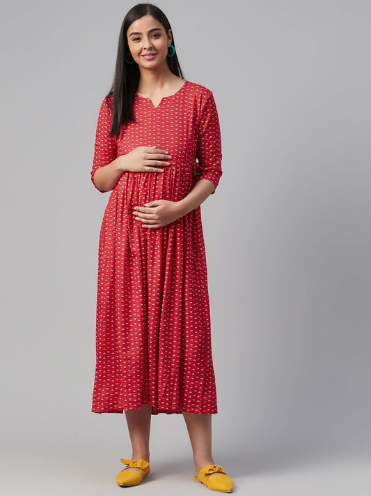 Dhiyona AY Women's Red & Off-White Ethnic Motifs Printed Maternity A-Line Dress