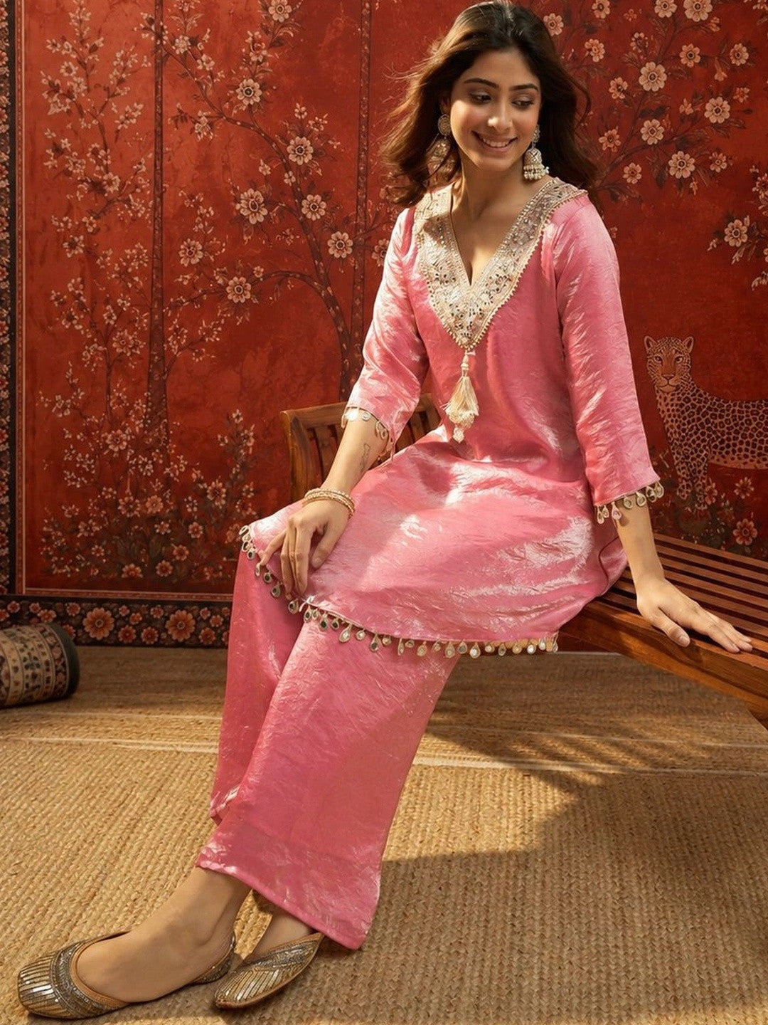 Women Regular Gotta Patti Pure Silk Kurta with Trousers & With Dupatta