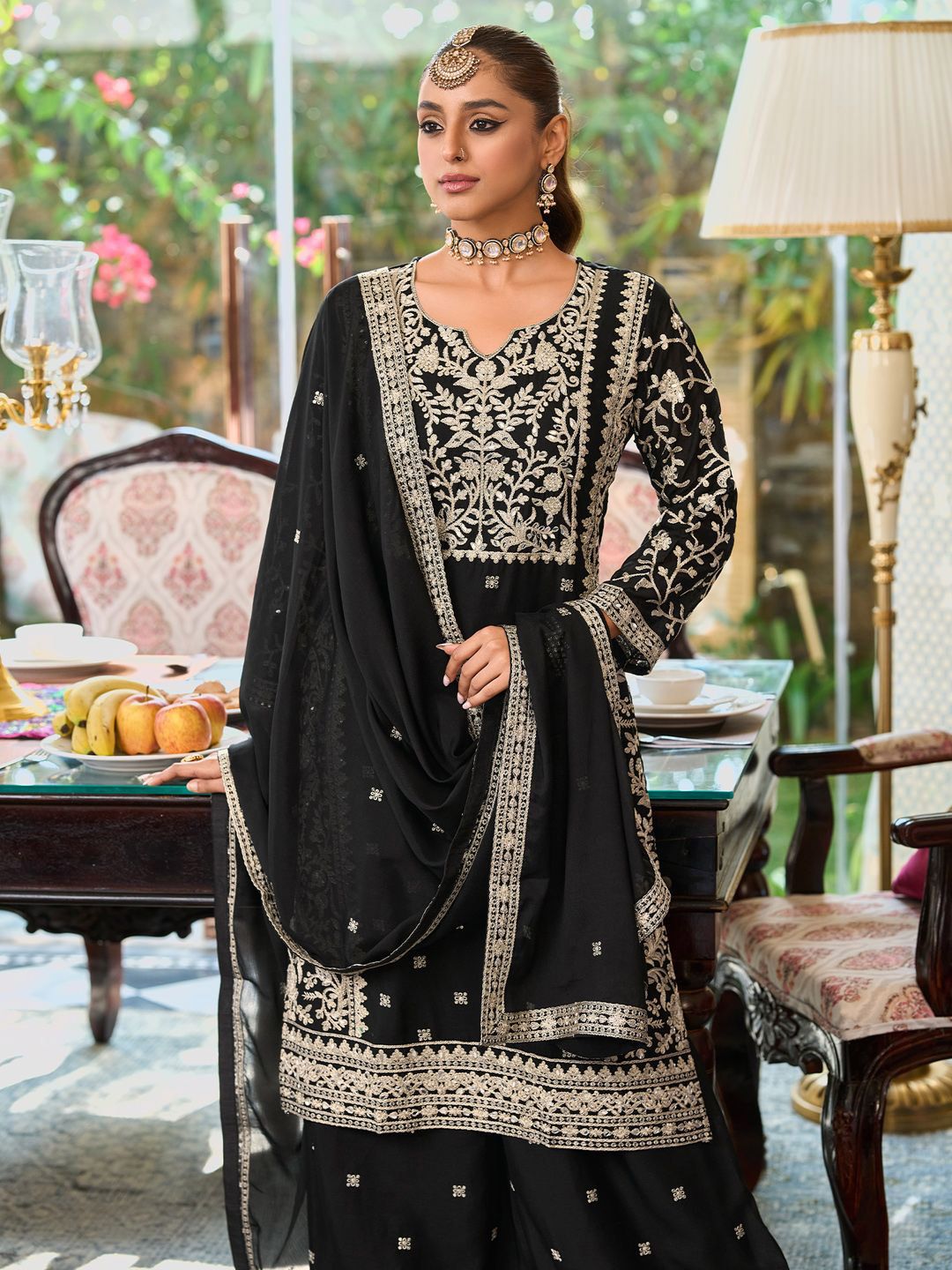 Dhiyona IE Floral Embroidered Round Neck Mirror Work Straight Kurta With Palazzos & Dupatta