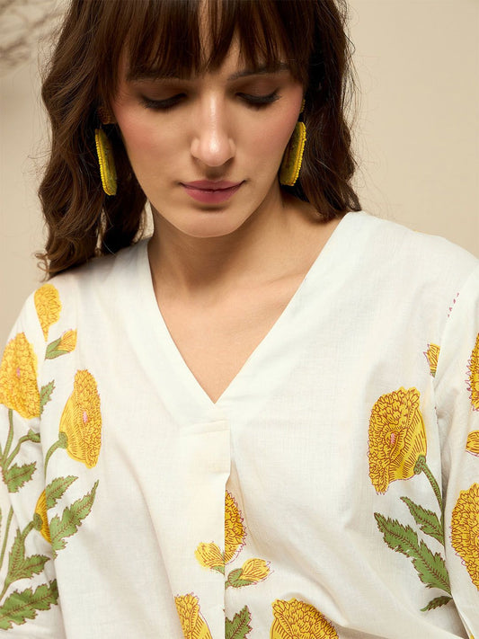 Dhiyona IE Floral Printed V-Neck Pure Cotton Tunic With Trouser