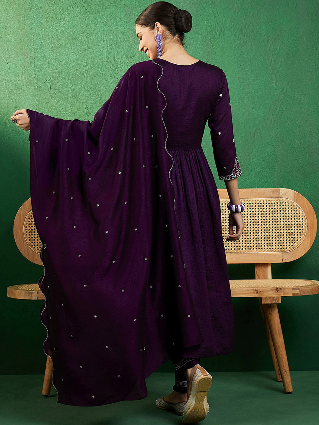 Alia Cut Ethnic Motifs Embroidered V-Neck A-line Kurta & Trousers With Dupatta