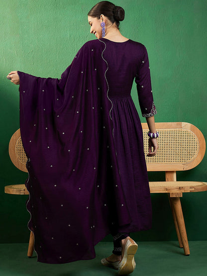 Alia Cut Ethnic Motifs Embroidered V-Neck A-line Kurta & Trousers With Dupatta