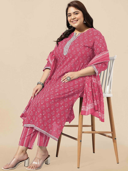 Dhiyona KL PLus Size Floral Printed Regular Gotta Patti Pure Cotton Kurta Set & Dupatta