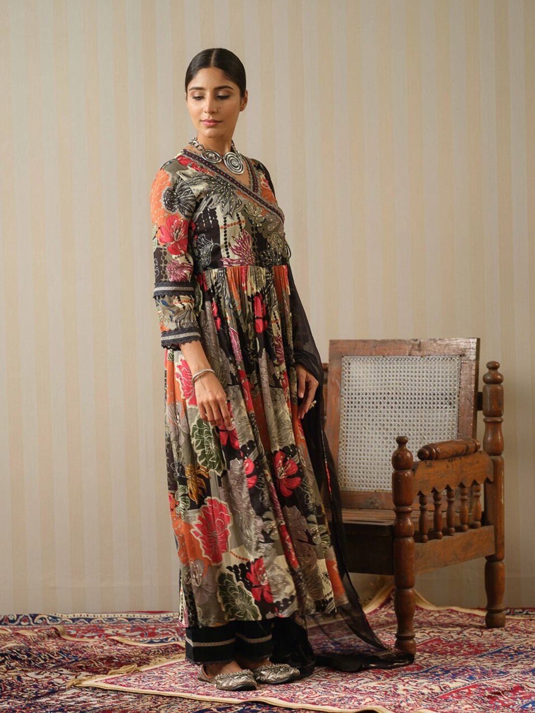 Dhiyona IS Women's Floral Printed Angrakha Sequinned Pure Silk Kurta with Trousers & Dupatta