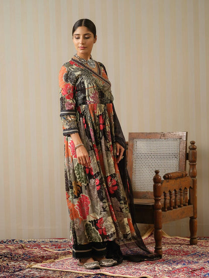 Dhiyona IS Women's Floral Printed Angrakha Sequinned Pure Silk Kurta with Trousers & Dupatta