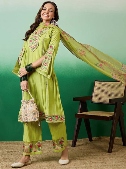 Dhiyona SN Embroidered Straight Kurta With Palazzo & Dupatta Set