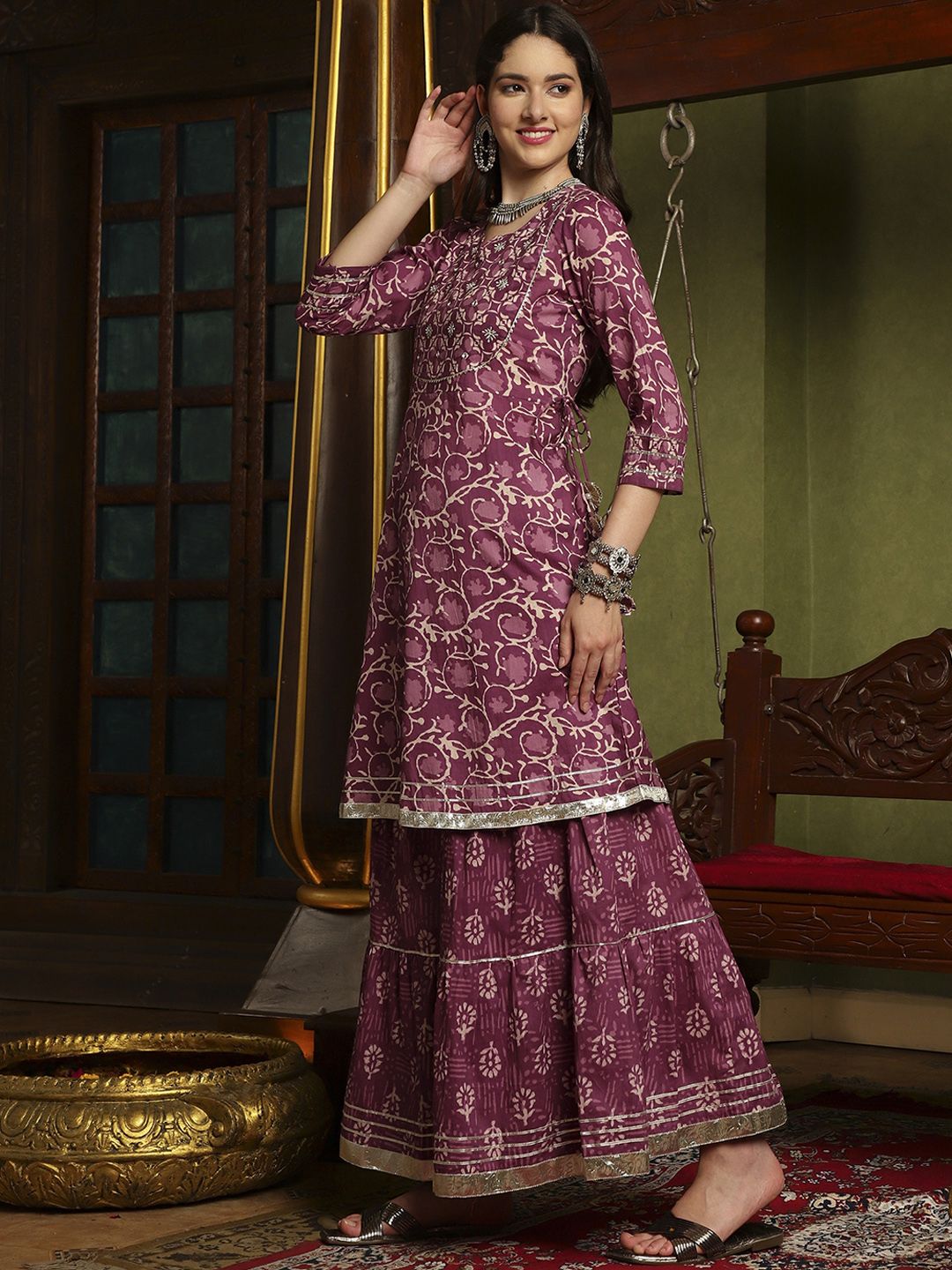 Dhiyona SN Women's Purple Ethnic Motifs Printed A-Line Kurti & Sharara With Dupatta