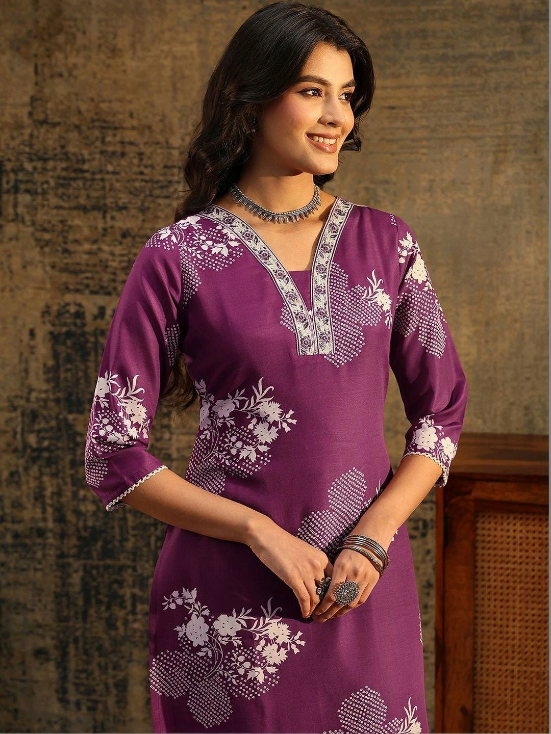 Burgundy Bandhani Cotton Blend Straight Suit Set