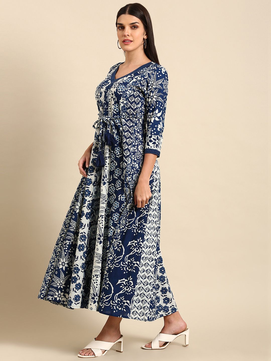 Dhiyona AY Women's Blue Floral Ethnic A-Line Cotton Maxi Ethnic Dress