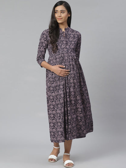 Dhiyona AY Women's Navy Blue & Pink Printed Pure Cotton Maternity A-Line Dress